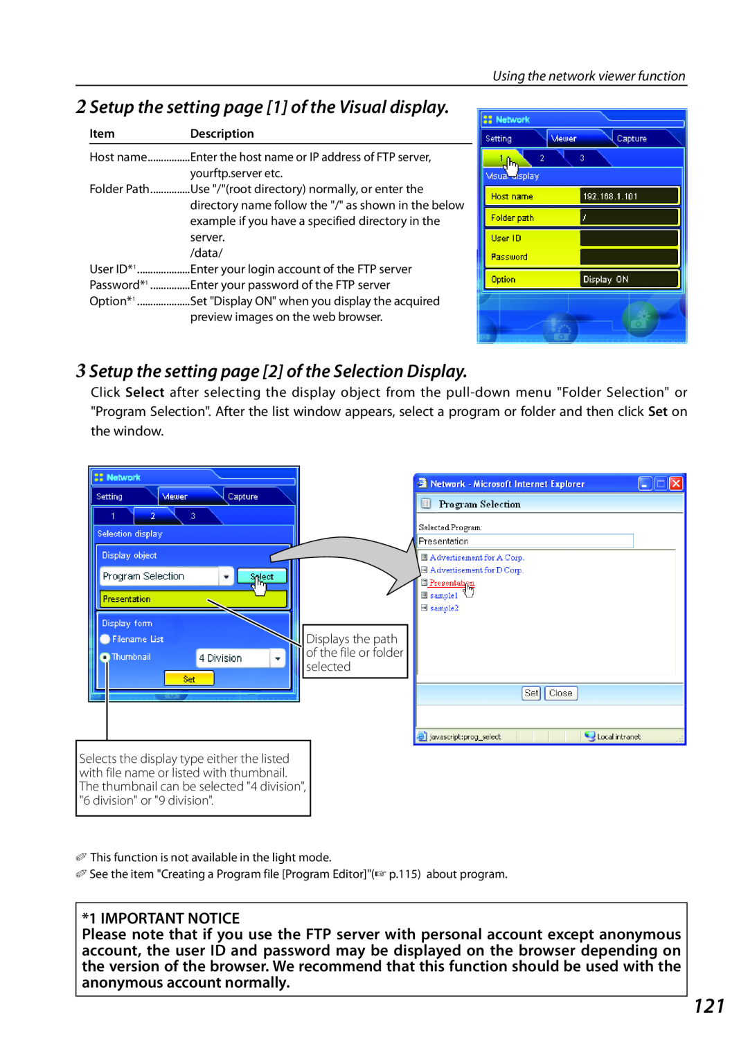 Sanyo PLCXL51 Setup the setting page 1 of the Visual display, Important Notice, Using the network viewer function, Item 